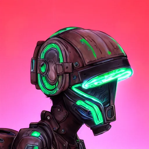 Image similar to helmet cyberpunk made of green lava and fire in borderlands 3 style, concept art character modeling, body made of green lava and fire, marvelous designer, z brush, maya, digital 3 d, 4 k, epic size, epic scale, ultra detailed digital art, furry art, macro art, deviantart, realistic