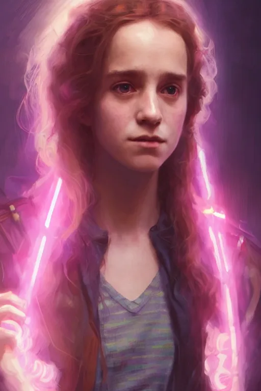 Image similar to portrait of Hermione Granger in cyberpunk, neon lighting, digital art from artstation by Ruan Jia and Mandy Jurgens and Artgerm and william-adolphe bouguereau and Greg Rutkowski and Wayne Barlowe