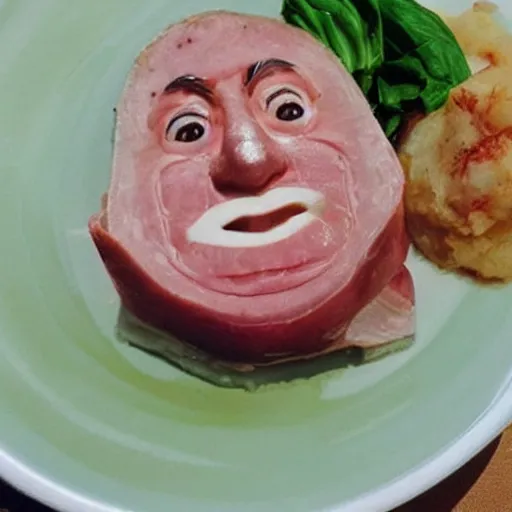 Prompt: !!! eisbein!!! with the face of albert einsteon on a eisbein, pickled!!! ham!!! hock with the face of einstein, food photography, mash and gravy and eisbein with peas on a plate