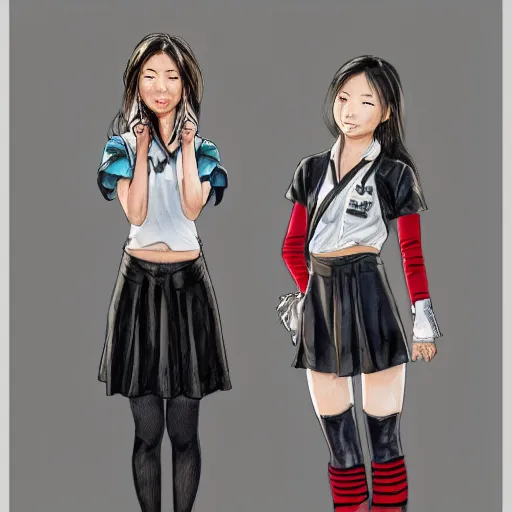 Prompt: a perfect, realistic professional digital sketch for a videogame, two Japanese schoolgirls posing, in style of Marvel, full length, by pen and watercolor, by a professional American senior artist on ArtStation, a high-quality hollywood-style sketch, on high-quality paper