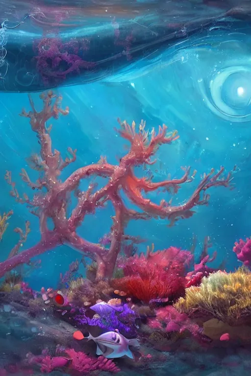 Prompt: beautiful digital matter cinematic painting of whimsical underwater under seascape coral beautiful whimsical scene by greg rutkowki artstation