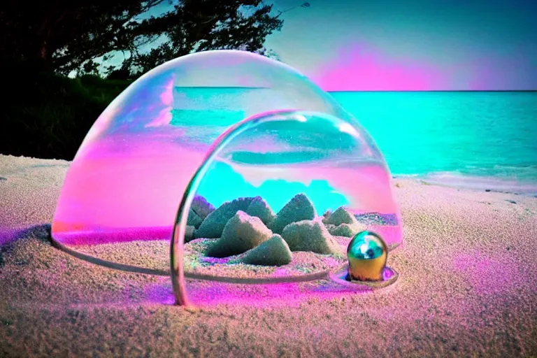 Image similar to a vintage family holiday photo of an empty beach from an alien dreamstate world with chalky pink iridescent!! sand, reflective lavender ocean water and a pale igloo shaped plastic transparent bell tent next to firepit with open blue flame. refraction, volumetric, light.