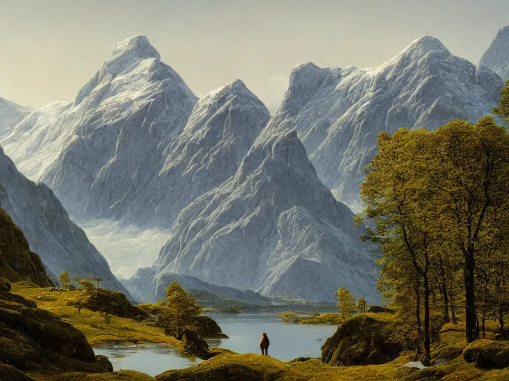 Prompt: a detailed painting of a majestic mountainous landscape in norway in spring by caspar david friedrich, high detail, snow capped mountains reflecting on a lake,