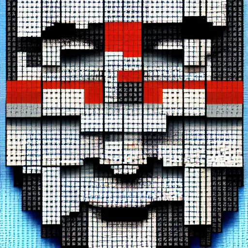 Image similar to a man's face made of pixel blocks blown into the wind