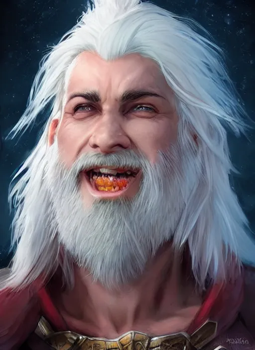 Image similar to man with white hair and white goatee, dndbeyond, bright, colourful, realistic, dnd character portrait, full body, pathfinder, pinterest, art by ralph horsley, dnd, rpg, lotr game design fanart by concept art, behance hd, artstation, deviantart, hdr render in unreal engine 5