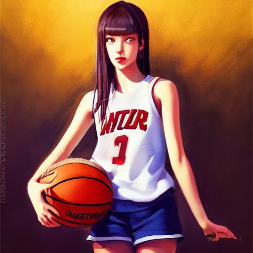 Image similar to A ultradetailed beautiful panting of a stylish girl wearing a basketball jersey, she is holding a basketball, Oil painting, by Ilya Kuvshinov, Greg Rutkowski and Makoto Shinkai