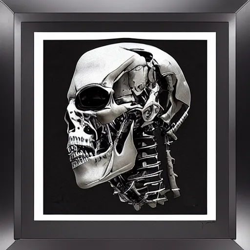 Image similar to terminator steel skeleton, looking away from camera, framed painting, digital painting, concept art, hyperrealism vrubel