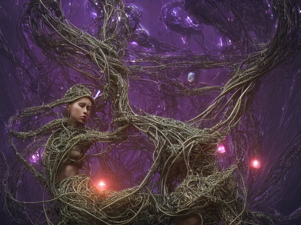 Image similar to a centered render of an goddess entangled in an alien bio - organic landscape adorned with cables and synthesizer parts is surrounded by sacred geometry, bio - mech tree roots, powerful, cinematic, beautifully lit, by artgerm, by h. r. giger, 3 d, trending on artstation, octane render, 8 k