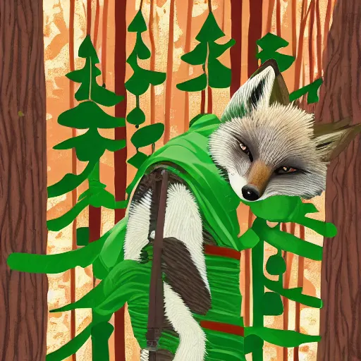 Image similar to woodland fox, resistance, antropomorphic, guerilla soldier, green flag, art station, set in evergreen woods, camp fire in center