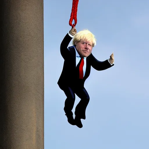 Prompt: Boris Johnson dangling from a rope from the sky