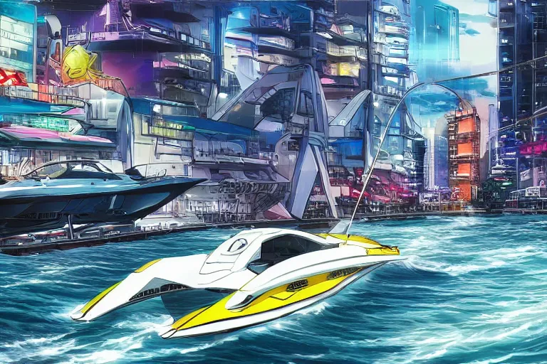 Prompt: Axopar 37 speedboat going full speed in front of shoreline city in anime cyberpunk style by Hayao Miyazaki