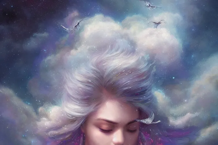 Image similar to a beautiful portrait of a cloud goddess with numerous tiny birds flying in the background and closed eyes, galaxy theme colors, galaxy theme colors, ultra realistic digital art by Greg Rutkowski and Raymond Swanland, Trending on Artstation, ultra realistic digital art, ultra realistic digital art