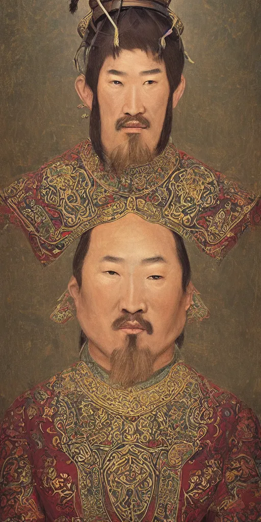 Prompt: a stunning and noble highly detailed romantic period style portrait of Genghis Khan\'s head by Josep Tapiró Baró, trending on artstation, oil painting masterpiece, symmetry, fractals, Mongolian iconography