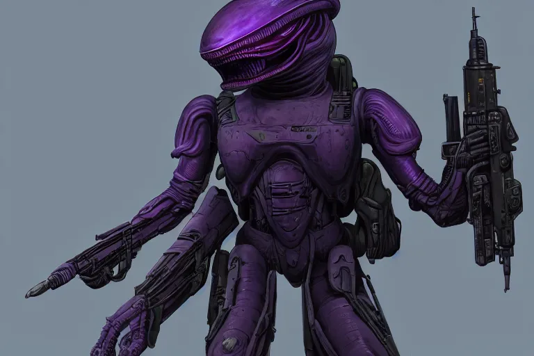 Image similar to alien military armored soldier, purple, futuristic, apocalyptic, by jon aaron kambeitz, katsuhiro otomo, heng z, concept art, insanely detailed, raytracing, octane, unreal engine, trending on artstation