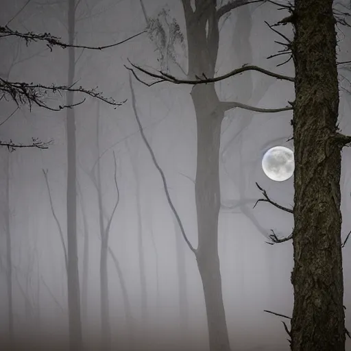 Prompt: owl flying at night through fog in the forest lit by the full moon