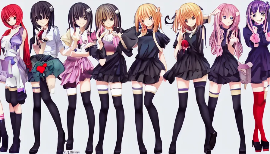 Image similar to group of cute anime characters in very short miniskirts, lightly dressed, ultra detailed digital art, hyper real, detailed, group photo, ultra detailed, ground up angle