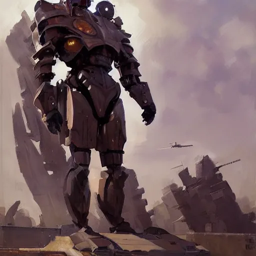 Prompt: Greg Manchess painting of a giant humanoid armour warhead cyborg, medium shot, low angle, full body, asymmetrical, scifi art, Organic Painting, sunny day, Matte Painting, bold shapes, hard edges, street art, trending on artstation, by Huang Guangjian and Gil Elvgren and Sachin Teng