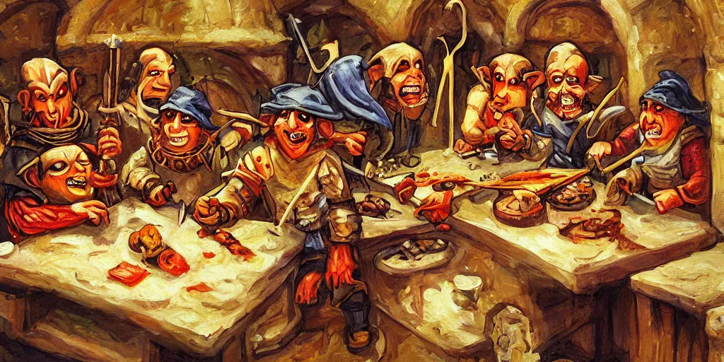 Prompt: d & d art painting featuring a group of rude goblins cooking frantically in a medieval kitchen