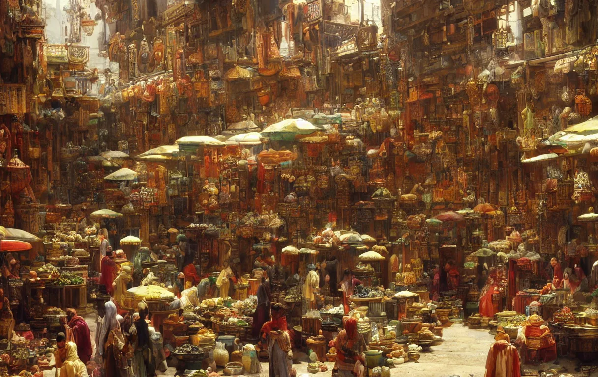 Prompt: a busy market interior in a fantasy Cairo city, by Jean lean Gerome, orientalism, trending on artstation