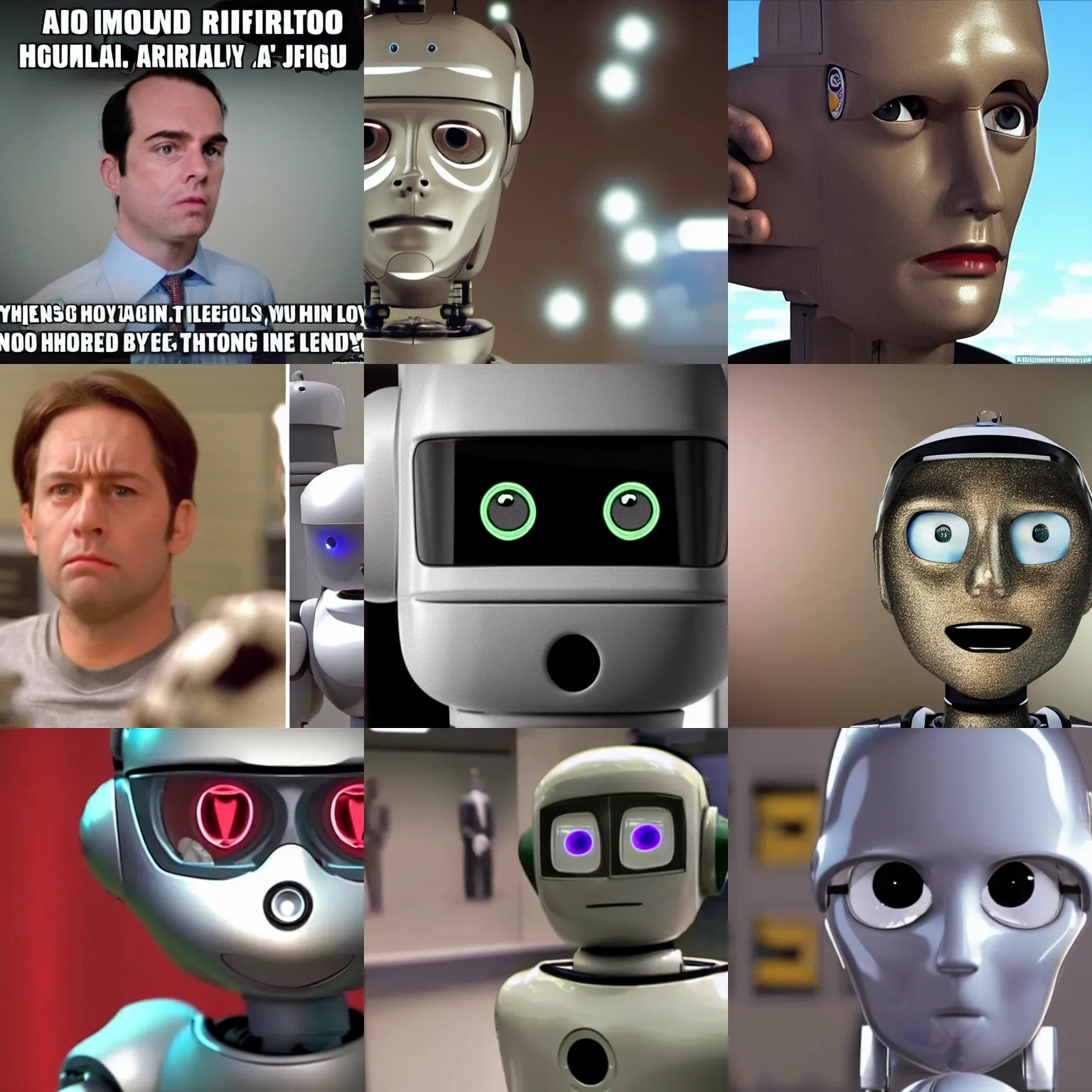 Prompt: a robot is confused at human irrationality, eyes squinting looking at camera like jim from the office, 3 d film, full frame, accurate portrayal