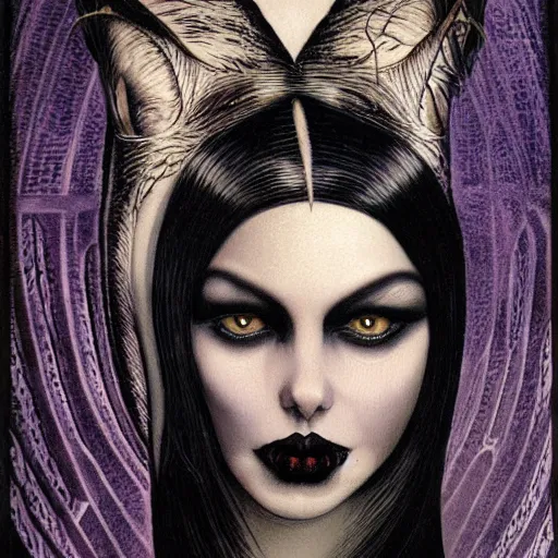 Prompt: portrait of a beautiful woman, gothic, cat eyes, high detail, illustration by h. r. giger