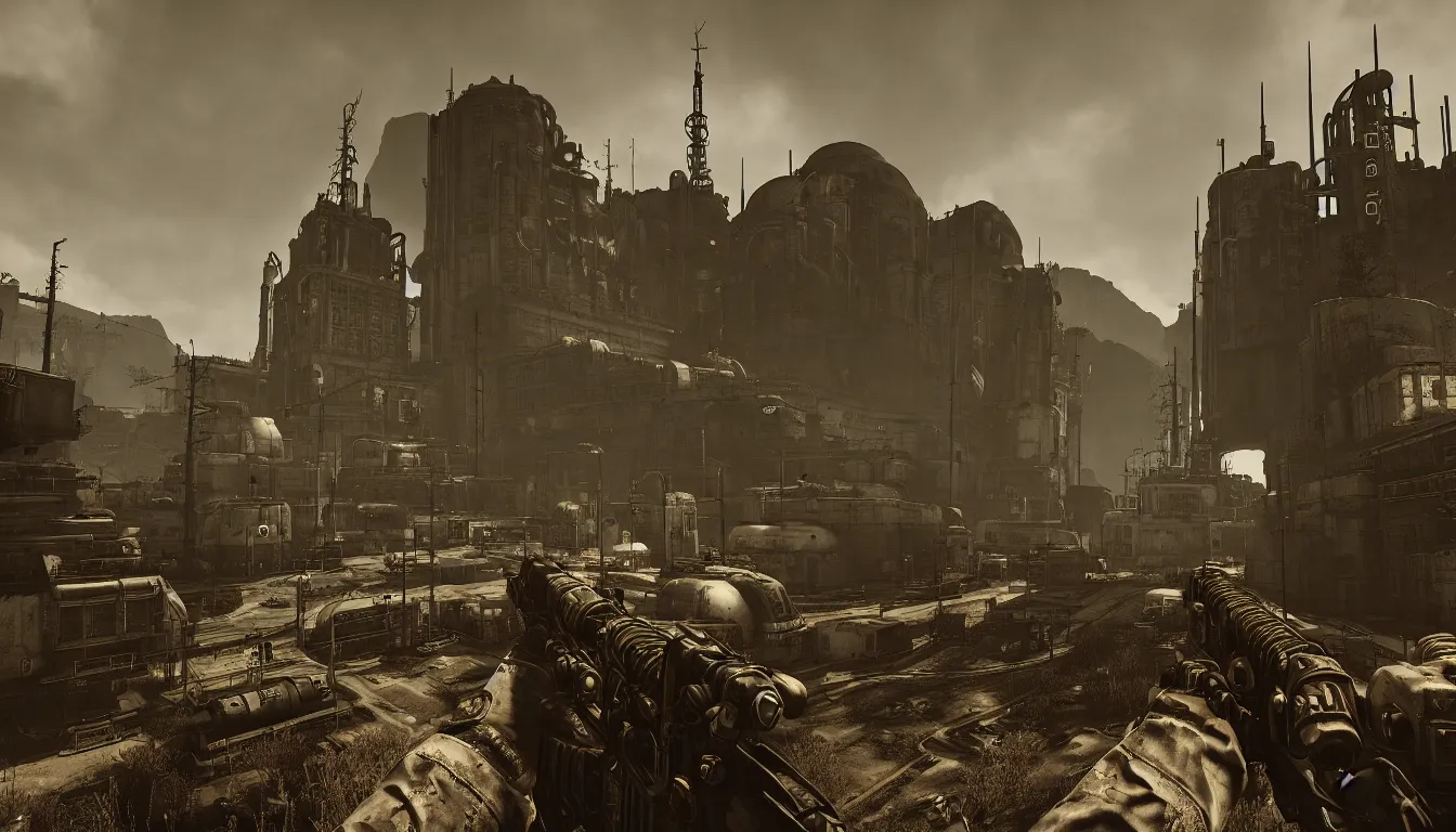 Image similar to nuclear, atomic, wasteland, wolfenstein type, dieselpunk, industrial, futuristic, very detailed, diesel, unreal engine 4