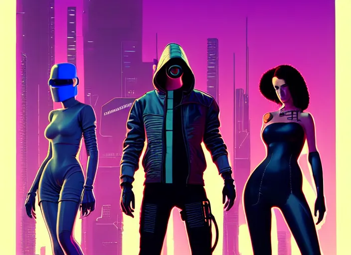 Image similar to cyberpunk hacker crew. portrait by stonehouse and mœbius and will eisner and gil elvgren and pixar. character design. realistic proportions. cyberpunk 2 0 7 7 character art, blade runner 2 0 4 9 concept art. cel shading. attractive face. thick lines. the team. diverse characters. artstationhq.