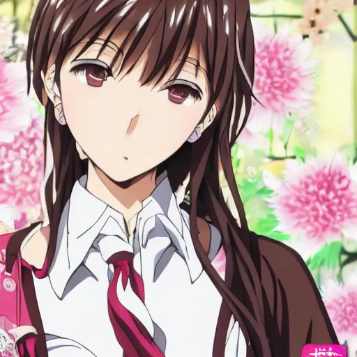 Image similar to Detailed anime key visual of a beautiful Japanese woman with short brown hair, shoulder-length; wearing a white shirt with a floral pattern; Official media