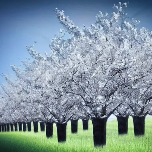 Prompt: photo of an orchard where the trees grow humans instead of fruits, photorealistic, futuristic, dystopian,