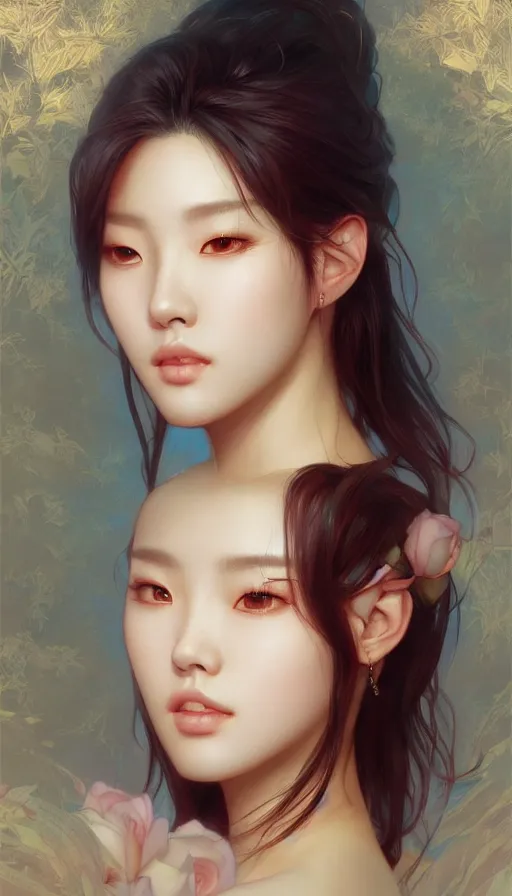 Prompt: portrait of kpop idol, dreamy and ethereal, expressive pose, fierce expression, intricate, rose tones, highly detailed, digital painting, artstation, concept art, smooth, sharp focus, illustration, art by artgerm and greg rutkowski and alphonse mucha