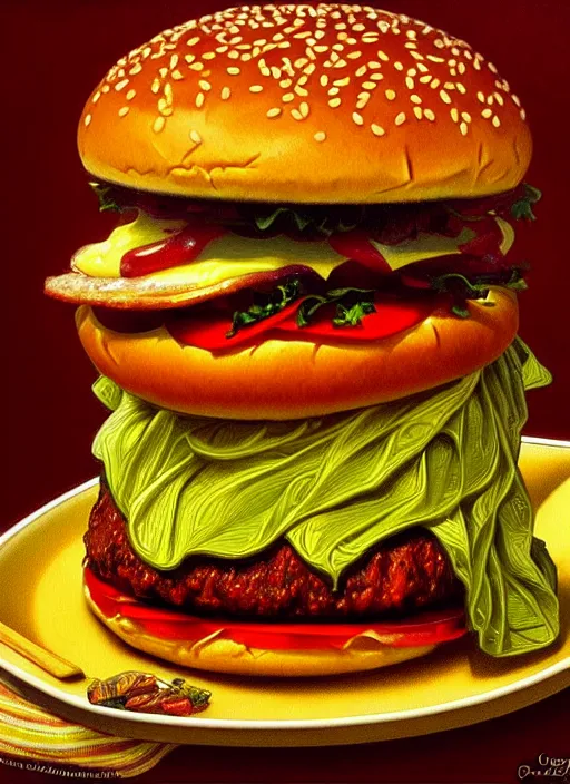 Prompt: oil portrait of a hamburger, intricate, elegant, highly detailed, lighting, painting, artstation, smooth, illustration, art by greg rutowski and alphonse mucha