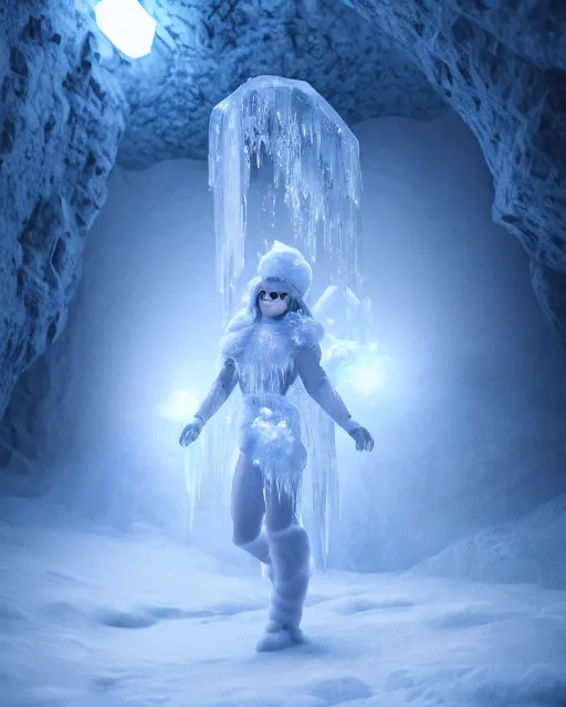 Prompt: character design, 3 d, full body, ice goddess with a glowing blue crystal on her chest, frosty white eyes, winter mist around her, white plated armor, pale skin, white smoke, in a snow covered cavern, a snowy mist in the cave, snowfall photorealism, octane render, frostbite, 8 k, cinematic, 3 5 mm, aspect ratio