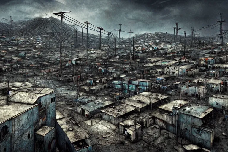 Image similar to favela winding cybernetic thrill ride, bleak arctic environment, industrial factory, somber, apocalyptic, award winning art, epic dreamlike fantasy landscape, ultra realistic,