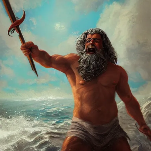 Image similar to portrait of proud and screaming Poseidon rising from the ocean, ready to fight, fantasy painting, artstation