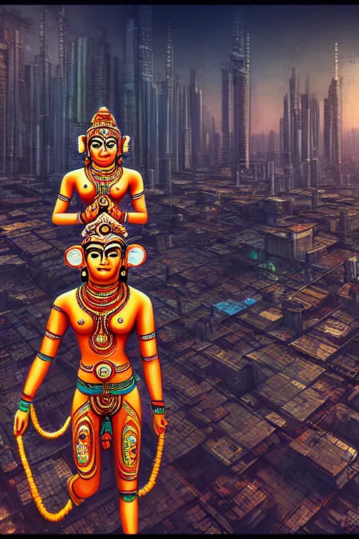 Image similar to high quality 3 d render very cute cyborg!! hanuman! madhubani, highly detailed, cyberpunk mumbai in the background, unreal engine cinematic smooth, in the style of solaris, hannah yata charlie immer, moody light, low angle, uhd 8 k, sharp focus