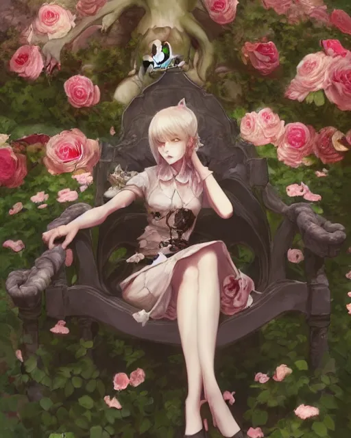 Prompt: an elegant lady sitting surrounded by skulls in a garden full of roses, final fantasy, cushart krenz, cushart krenz, very detailed, realistic face, detailed face, matte, tonemapping, perfection, 4 k,