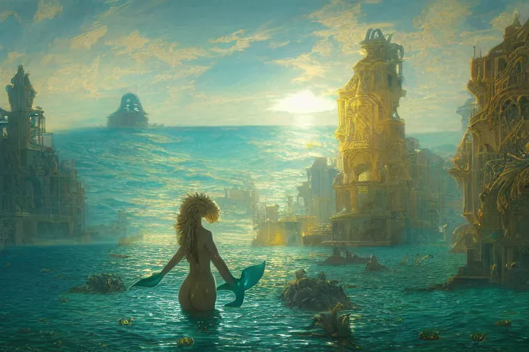 Prompt: a beautiful painting of the lost city of Atlantic city under water, ray of sunlight, mermaids in distance, Greg Rutkowski, Moebius, Mohrbacher, Mucha, blue and gold color scheme