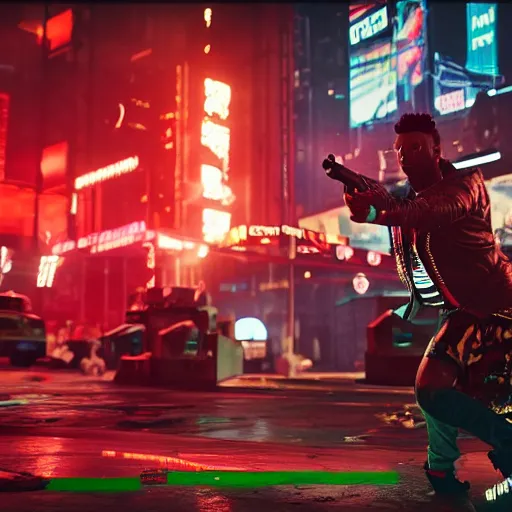 Image similar to 2 1 savage rapping on a stage in front of a crowd in cyberpunk 2 0 7 7, gameplay screenshot, detailed