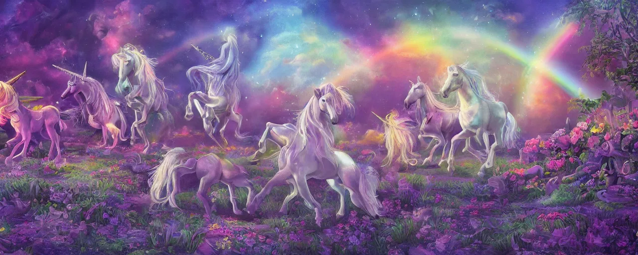 Image similar to a beautiful detailed mate painting of unicorns dancing under a rainbow on a graveyard'in the style of disney, existential horror, trending on cgsociety artstation, highly detailed, 8 k, masterpiece, super resolution.