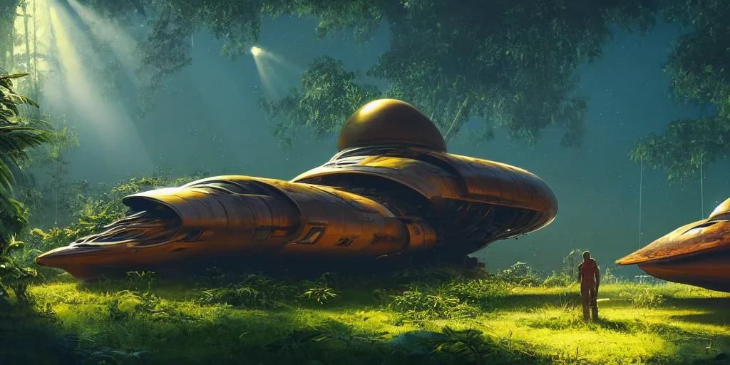 Image similar to a futuristic rusty old spaceship, on a landing pad, surrounded by a lush jungle, in the foreground two explorers are having a conversation, golden hour, sun beams, volumetric light, hyperdetailed, artstation, cgsociety, 8k