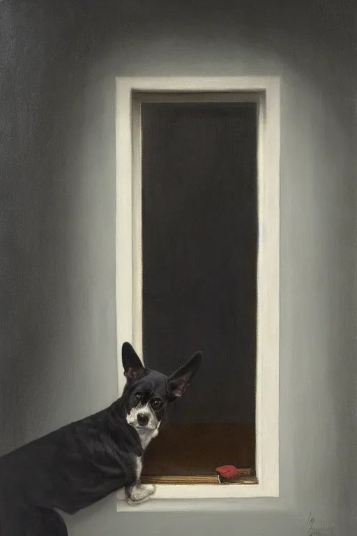 Image similar to dragan bibin painting of a dog in a doorway