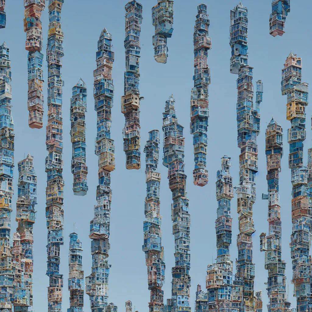 Image similar to close - up towers made up of colourful squatter housing, bleached colours, plain uniform light blue sky, dystopia, mamiya, very detailed, ultra sharp, photographed by john chiara