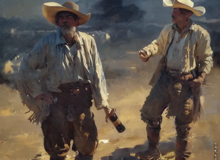 Prompt: oil painting of old rugged cowboy with whiskey bottle, art by anders zorn, wonderful masterpiece by greg rutkowski, beautiful cinematic light, american romanticism by greg manchess