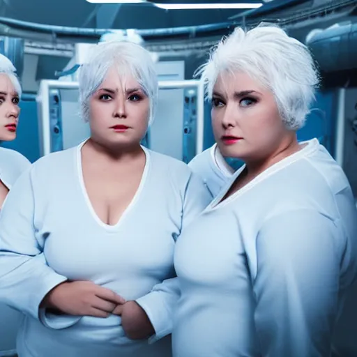 Prompt: formation of determined chubby women with white hair, white hair, tight light blue neopren suits, futuristic production facility, sci - fi, highly detailed, cinematic