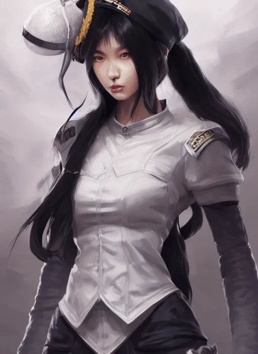 Image similar to a highly detailed illustration of fierce tall amazon messy ponytail black haired one armed delinquent japanese woman wearing uniform white cap wearing long white jacket with cape, muscular, intricate, elegant, highly detailed, centered, digital painting, artstation, concept art, smooth, sharp focus, league of legends concept art, wlop.