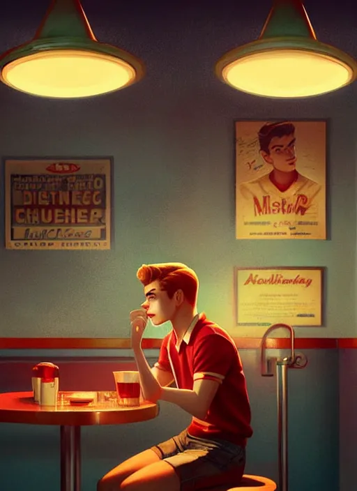 Prompt: teenage archie andrews, in a classic 5 0 s diner, misty, atmospheric, riverdale, intricate, elegant, glowing lights, highly detailed, digital painting, artstation, sharp focus, illustration, art by wlop, mars ravelo and greg rutkowski