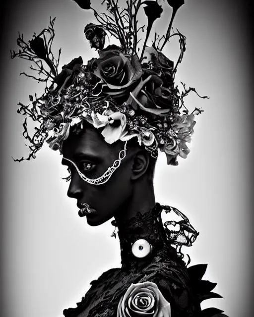 Image similar to dark surreal poetic black and white photo of a beautiful young silver bio-mechanical-female-vegetal-cyborg with a very long neck and a super big gothic lace collar and a very high big floral crown with many black dry roses by Vivienne Westwood:: smoke, high fashion, haute couture, rococo, avant-garde, silver filigree details, anatomical, facial muscles, cable wires, microchip, elegant, dreamy, foggy atmosphere, hyper realistic, 150 mm lens, soft rim light, octane render, unreal engine, picture was taken in 1910 by Man Ray, volumetric lighting, dramatic light,8k,