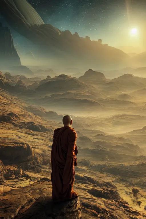 Prompt: a monk looking down at a vast dystopian valley alien landscape at sunrise, ruined alien architecture, cosmic, nebula highly detailed, vivid color, cinematic lighting, perfect composition, rainbowshift, 8 k, h. r giger, derek zabrocki, greg rutkowski, sangyeob park, maxfield parrish, octane render