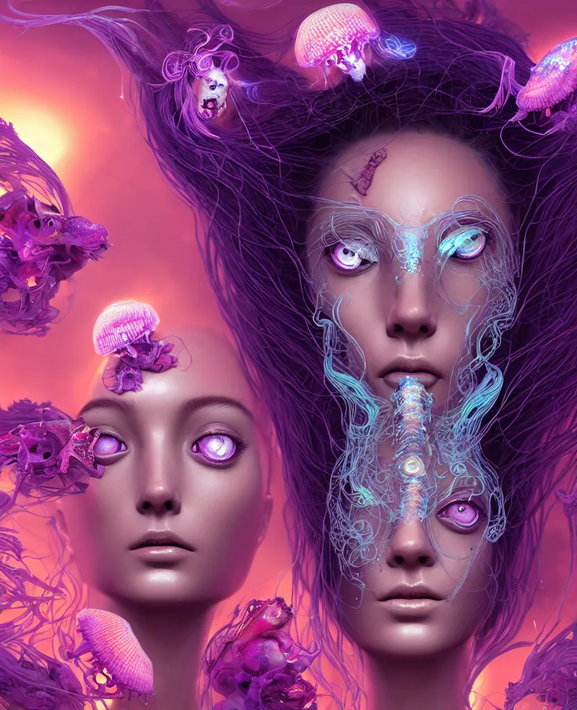 Image similar to goddess close-up portrait of princess face and ram skull. eyes. jellyfish phoenix head, nautilus, orchid, skull, betta fish, bioluminiscent creatures, intricate artwork by Tooth Wu and wlop and beeple. octane render, trending on artstation, greg rutkowski very coherent symmetrical artwork. cinematic, hyper realism, high detail, octane render, 8k