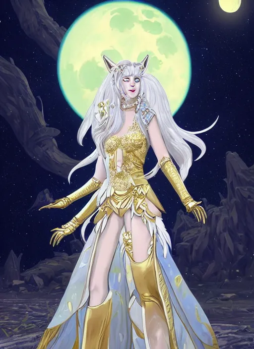 Image similar to commissioned full body portrait of a female anthro werewolf princess fursona with white hair wearing a white and gold Chinese armored dress in a white and gold palace on a starry night with a large crescent moon, by a professional manga illustrator, Stanley Artgerm Lau, WLOP, Rossdraws, James Jean, Andrei Riabovitchev, Marc Simonetti, and Sakimichan, trending on artstation